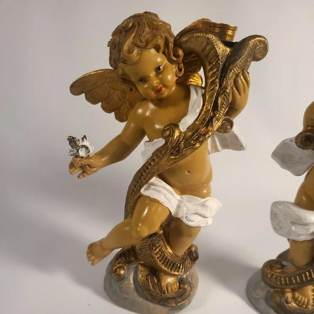 Vtg Fontanini Italy chubby Cherub Tapered Candle Holders #5042 & #5043 blue eyes